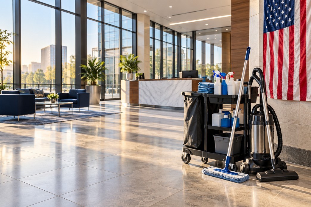 Commercial lobby prepared for professional cleaning, with cleaning equipment and an American flag